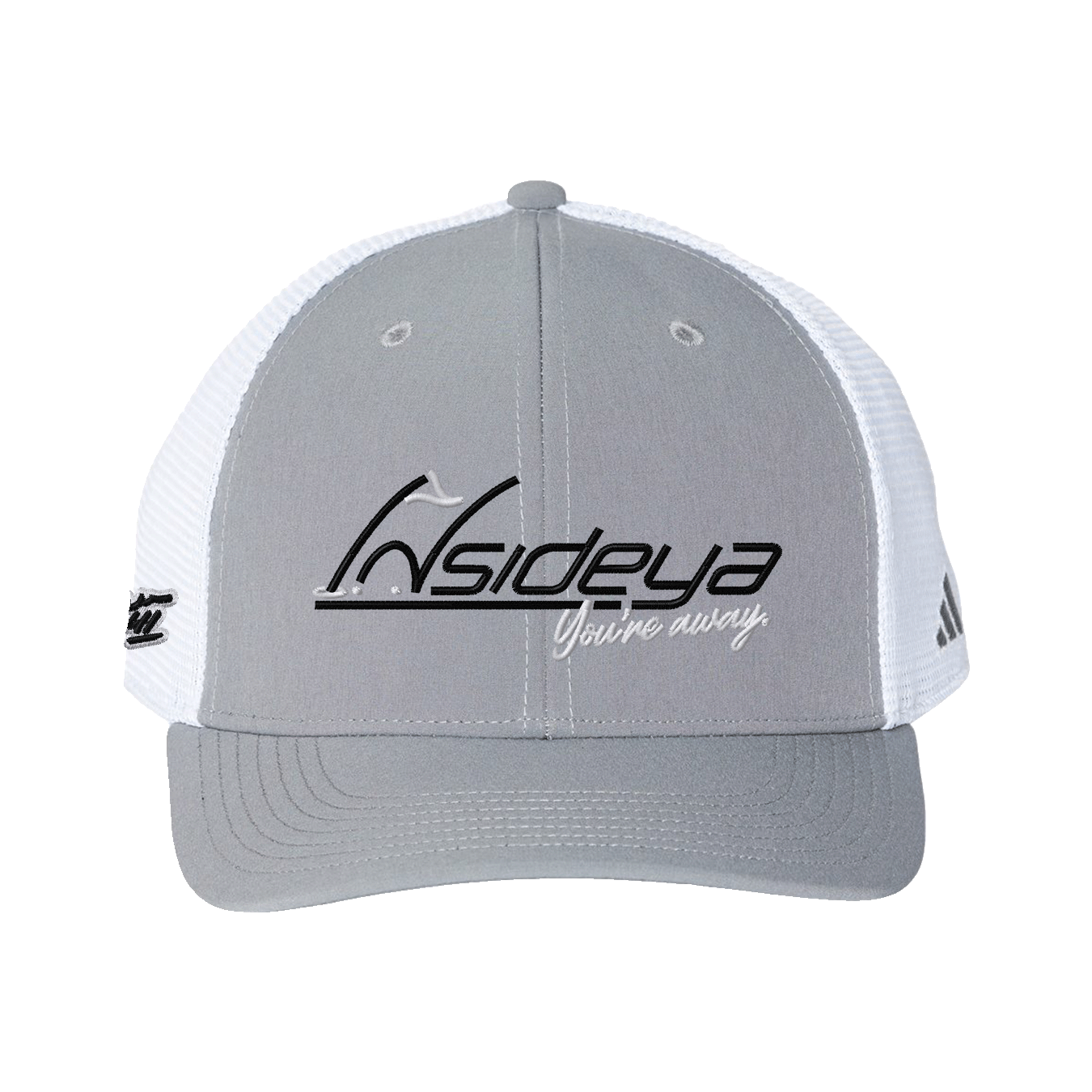 Grey three and white Adidas trucker hat with Insideya Golf embroidered logo and Keith Byars cloud embroidered signature