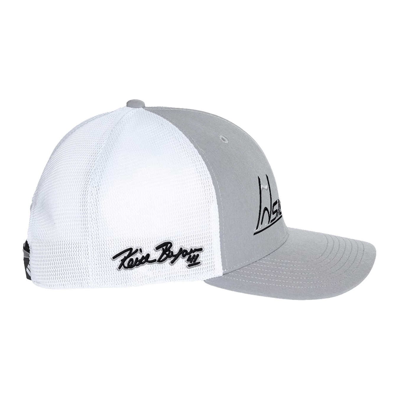 Grey three and white Adidas trucker hat with Insideya Golf embroidered logo and Keith Byars cloud embroidered signature