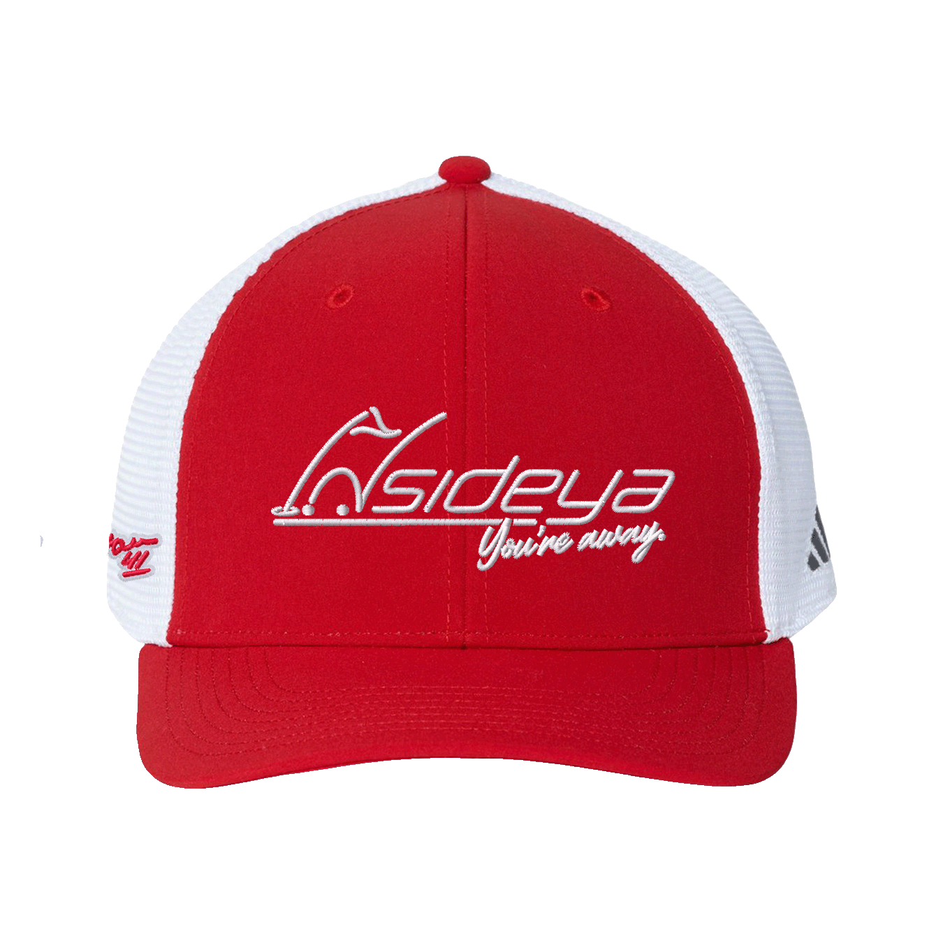 Red and white Adidas trucker hat with Insideya Golf embroidered logo and Keith Byars cloud embroidered signature