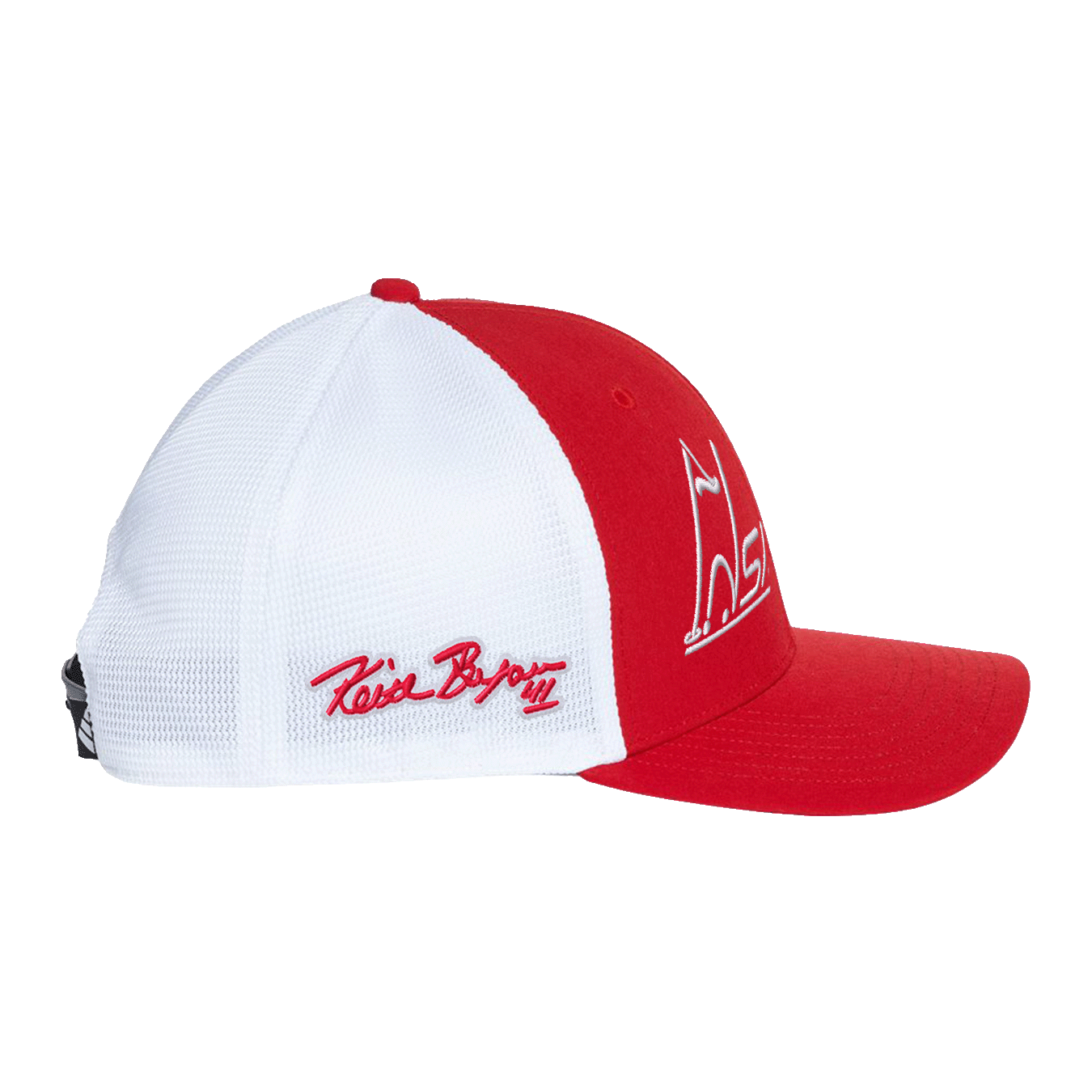 Red and white Adidas trucker hat with Insideya Golf embroidered logo and Keith Byars cloud embroidered signature