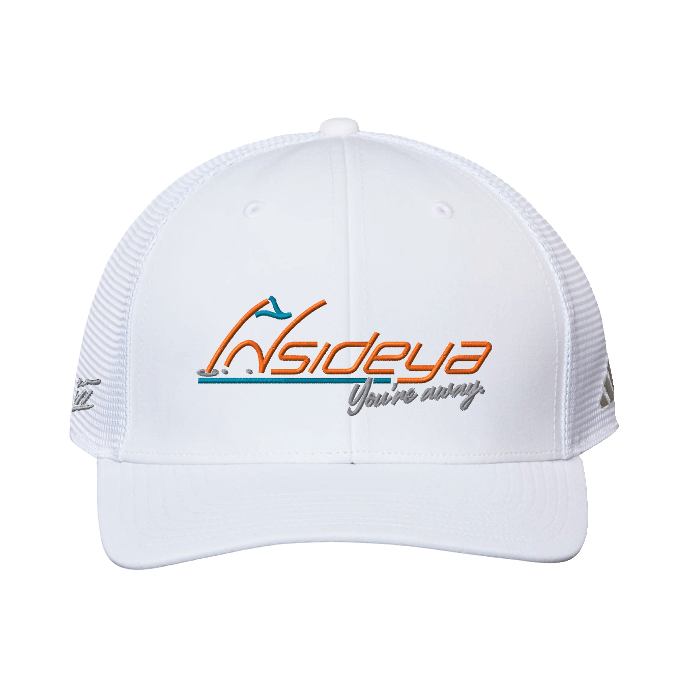 White Adidas trucker hat with Insideya Golf embroidered logo and Keith Byars cloud embroidered signature