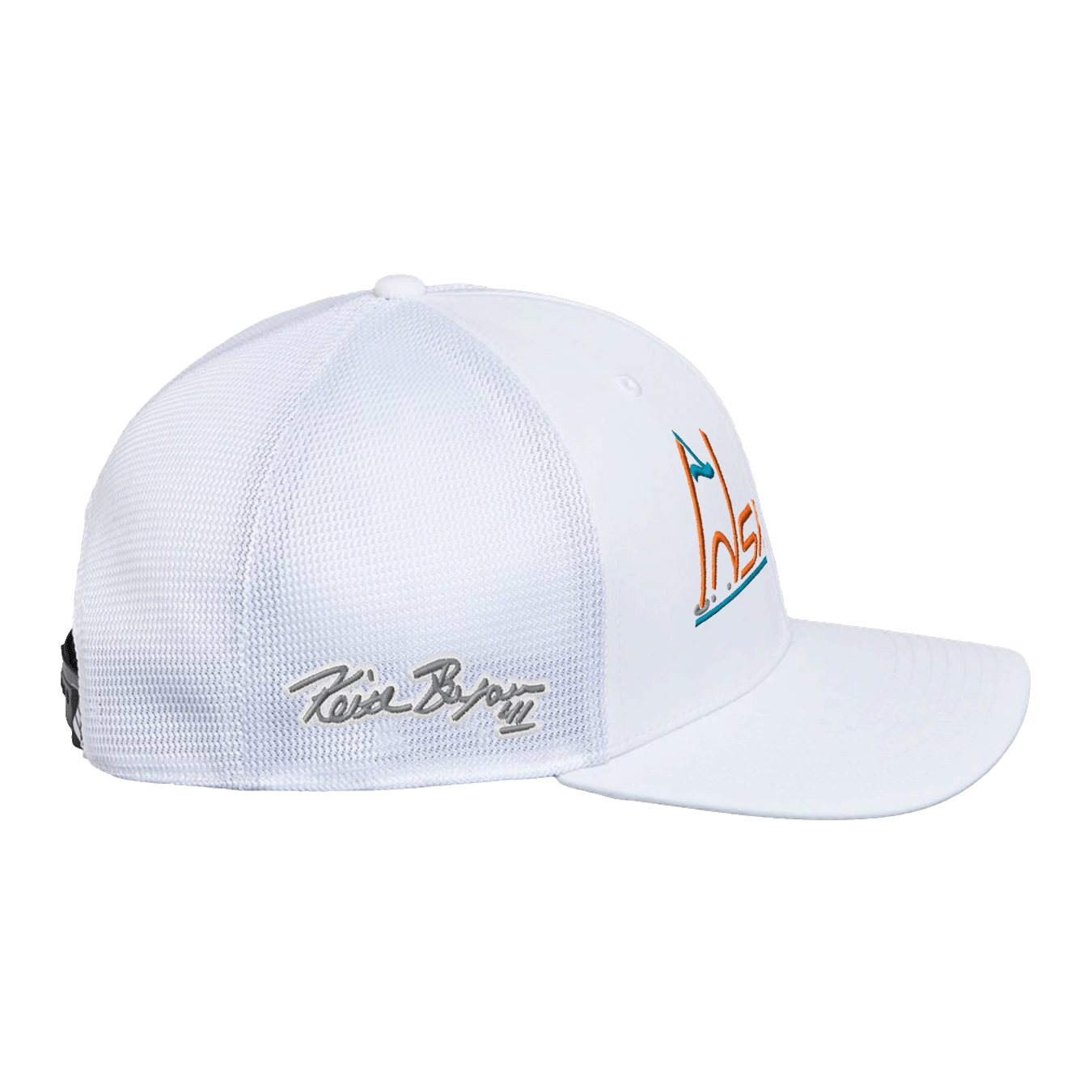 White Adidas trucker hat with Insideya Golf embroidered logo and Keith Byars cloud embroidered signature