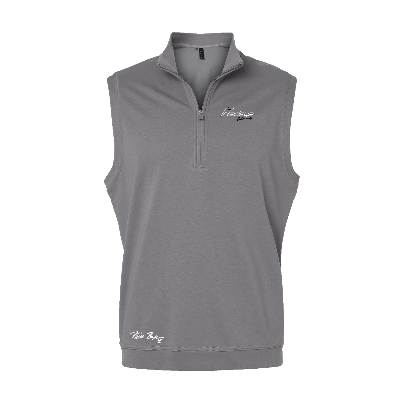 Grey Three Adidas Club Vest Flat Front with Insideya Golf logo on left chest and Keith Byars signature above right cuff